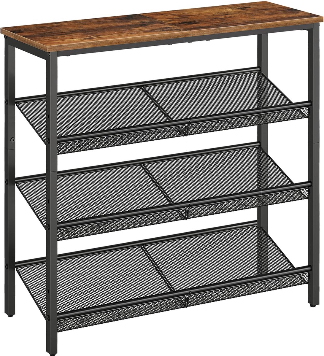 TRANKIELO® - Ruimtebesparend Schoenenrek met 4 Verdiepingen – Verstelbaar Metalen Roosterrek – Schoenenkast voor 12-15 Paar Schoenen - Vintage Bruin-Zwart