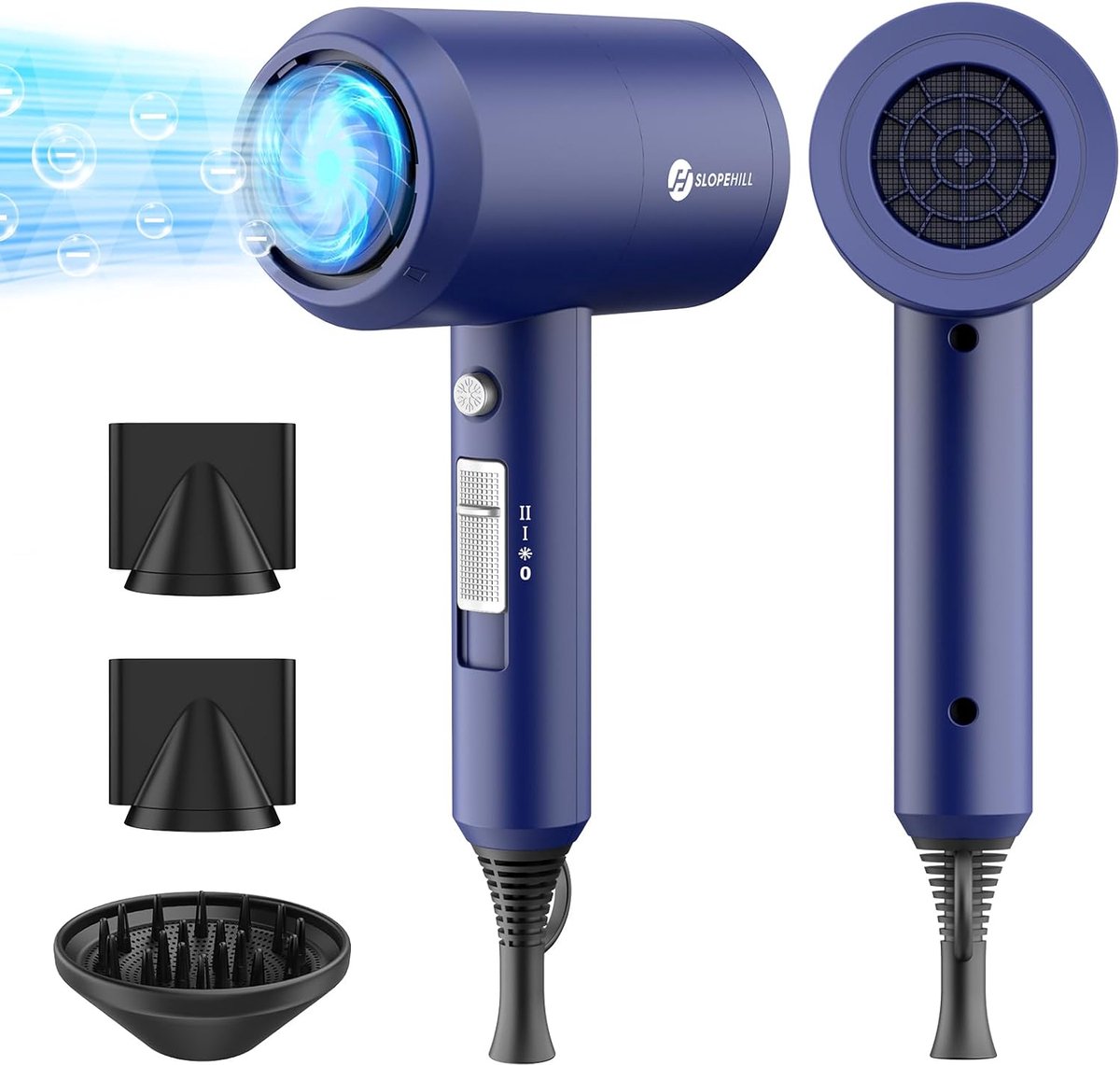 Ionen Föhn 1800 W - Sneldrogende Haardroger met 3 Temperatuurinstellingen en Diffuser - Donkerblauw