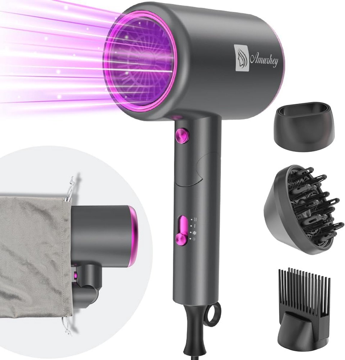 Krachtige Reisföhn 2400W met Stylingmondstuk en Diffuser – Lichtgewicht, Hoge Snelheid en Opvouwbaar ontwerp