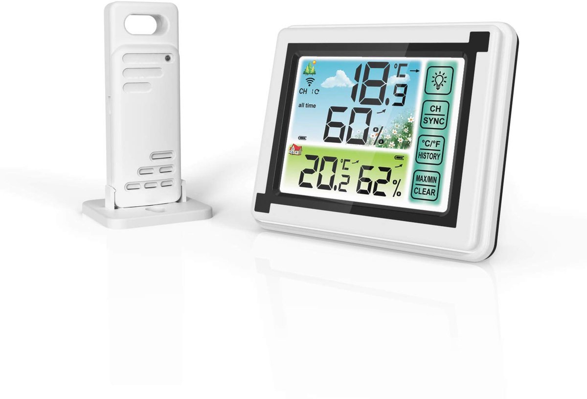 Draadloos Weerstation met Sensor voor Binnen en Buiten - Digitale Thermometer en Hygrometer met Groot LCD-Scherm