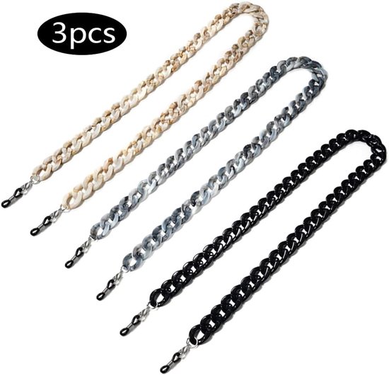 3-delige brilketting voor dames/heren, kikuo-zonnebrilketting, spektakelketting antislip metalen leesbrilketting, brilriem voor heren en dames sport (zilver goud zwart, 29,92 inch lang