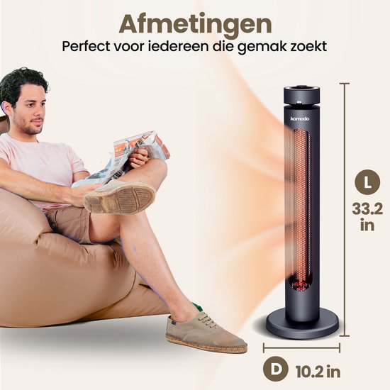 Een zwarte staande infrarood verwarming met koperkleurige gloeiende elementen, naast een man op een zitzak, met afmetingen 33.2 inch L en 10.2 inch D.