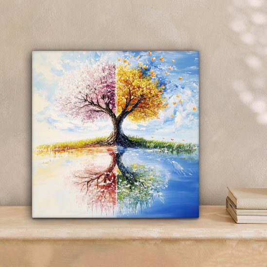 Tableau sur toile 20x20 cm - Décoration murale Arbre - Art - Saisons - Printemps - Automne - Décoration murale salon - Décoration chambre - Accessoires chambre - Peintures sur toile