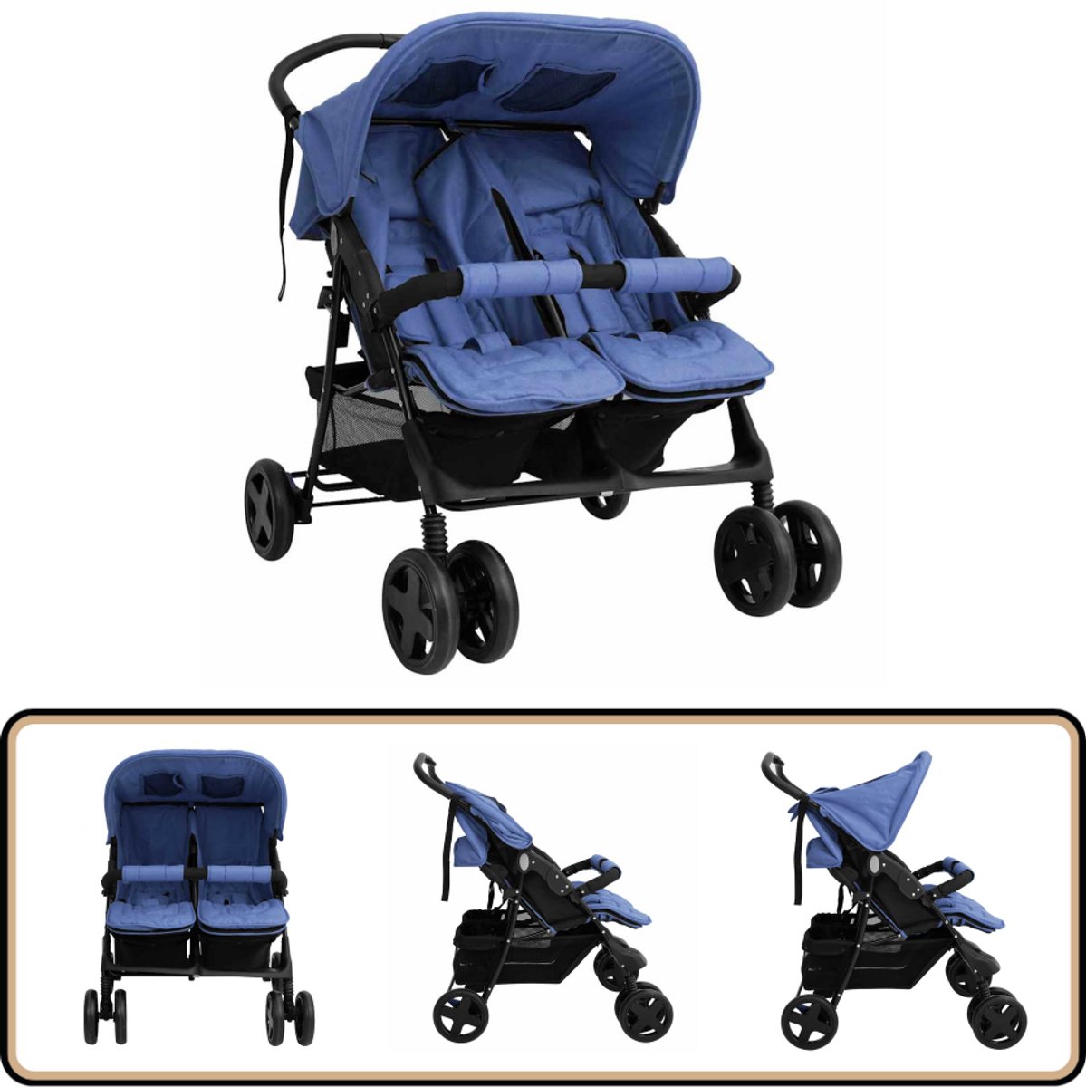 The Living Store Tweelingwagen - Kinderwagen - 80x96x104cm - Inklapbaar - Marineblauw