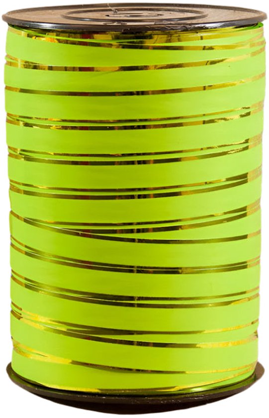 Limoengroene lintrol met goudkleurige strepen. 10 mm breed, 225 meter lang.