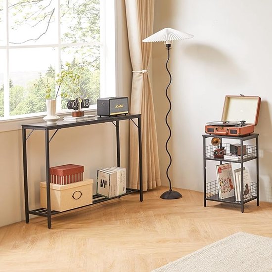 Tidyard Consoletafel voor de ingang, zwart, 140 x 35 x 75,5 cm, rek van glas, console van gehard glas, ingang, hal of woonkamer, salontafel, tafel