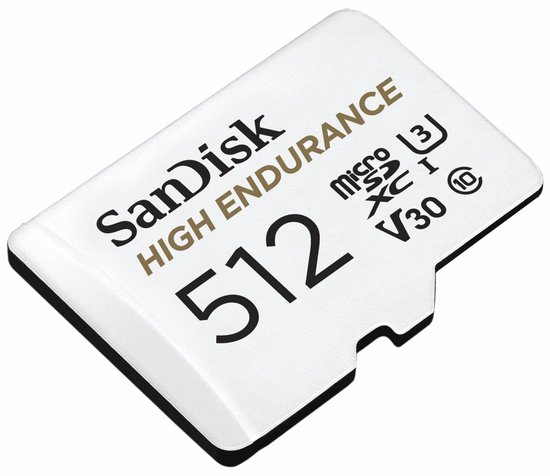 SanDisk microSDXC-kaart "HIGH ENDURANCE 512". De kaart is wit met zwarte tekst.