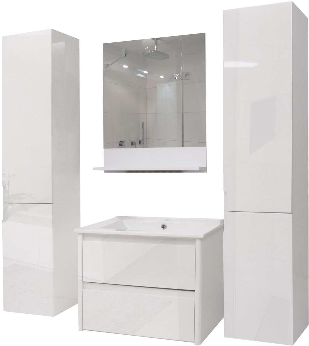 Badkamer set XL MCW-B19, wastafel wandspiegel 2x bovenkast, hoogglans ~ wit