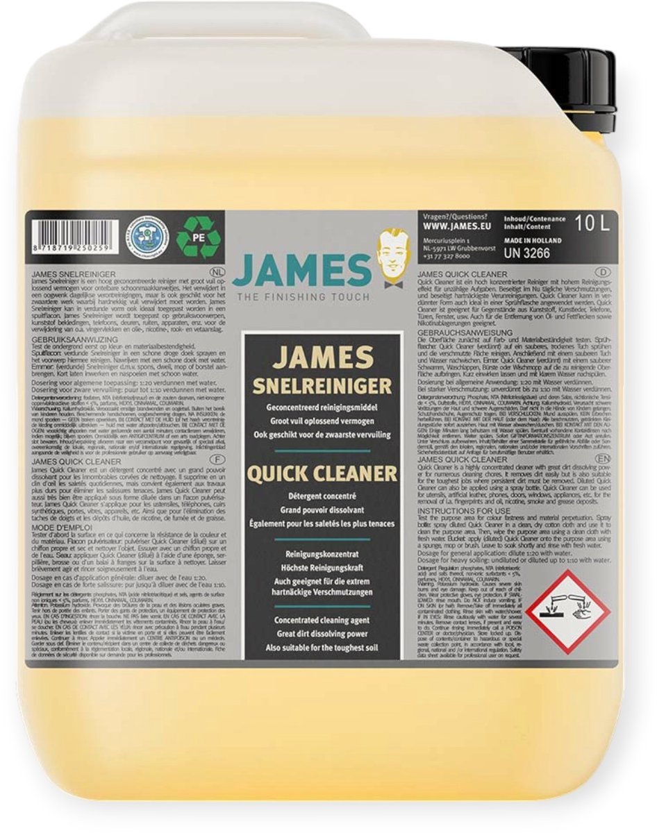 James Snelreiniger 10 liter – Kunstleer & PU Reiniger – Verwijdert Vet, Nicotine & Vlekken – Gebruiksklare Allesreiniger - Grootverpakking