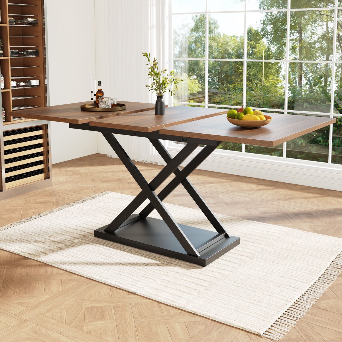 Sweiko Eettafel - 120-160 x 80 cm - Uitschuifbaar - Zwarte gekruiste ijzeren poten - Bruin