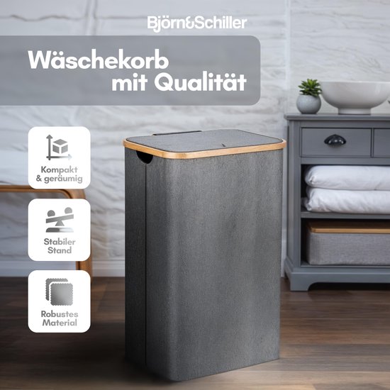 Oxford Stof Wasmand Björn&Schiller Wasmand 100 Liter – 2 Vakken Met Deksel, Bamboeframe, Grijs, Smal En Hoog Ontwerp Wasmand Met Vakken