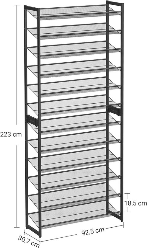 Schoenenrek van metaal, 5 niveaus, schoenenrek voor het opbergen van 20-25 paar schoenen, schoenenrek met haken en zijzakken voor entree, woonkamer, slaapkamer, kleedkamer, hal, zwart