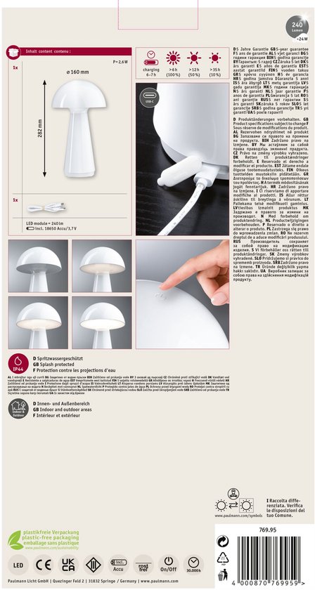 Paulmann Onzo - Lampe de table - mobile - IP44 - 2700K - 3stepdim - USBC - blanc - plastique