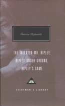 Boek met bruine kaft, getiteld 'THE TALENTED MR. RIPLEY, RIPLEY UNDER GROUND, RIPLEY'S GAME' door Patricia Highsmith.