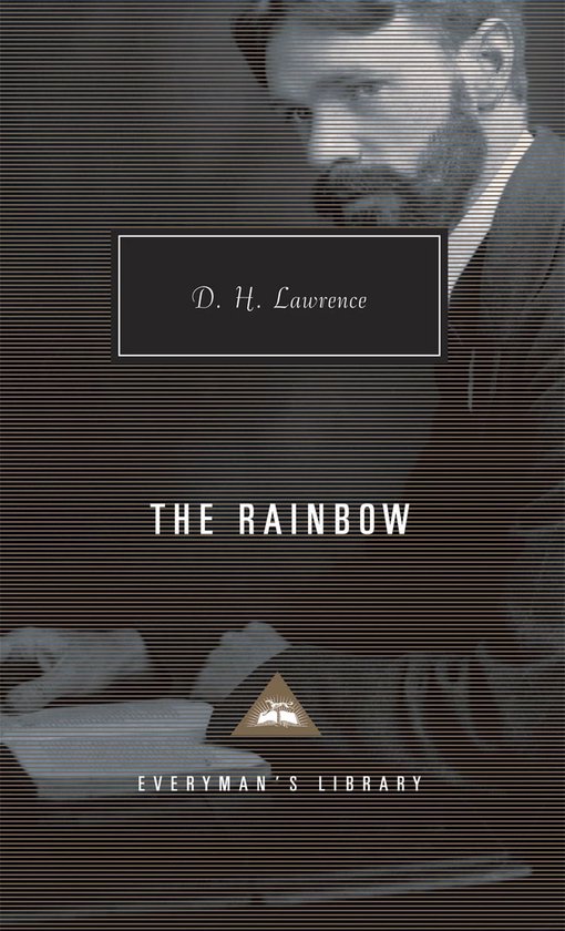 Boek: THE RAINBOW door D. H. Lawrence. Kaft met gestreepte achtergrond en man.