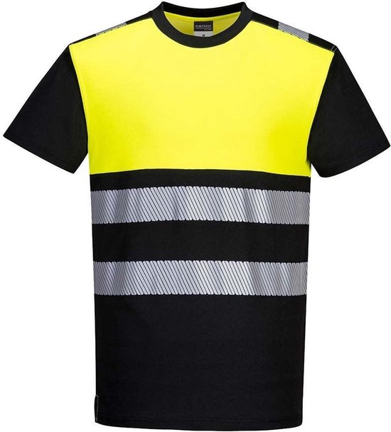 Zwart T-shirt met gele band en reflecterende strepen op schouders en romp.