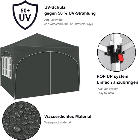 Vihes Opvouwbaar Tuinhuisje - Kunststof - Met 4 zijwanden - Waterafstotend - UV-bescherming - In hoogte verstelbaar - Voor tuin /Camping /Picknick - Grijs — afbeelding 5