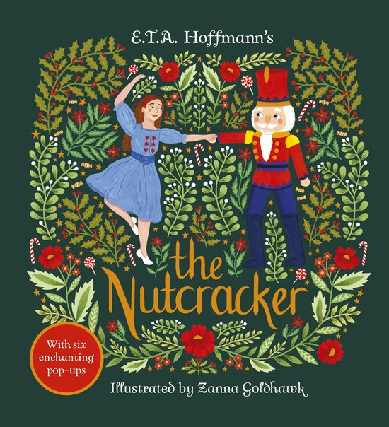 Boekomslag van 'De Notenkraker' met dansende ballerina in blauwe jurk en een notenkraker in rood uniform, omringd door kerstgroen, bloemen en snoepstokken.