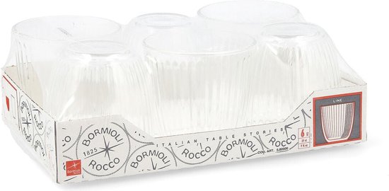 Un emballage de six verres Bormioli Rocco avec côtes verticales, avec informations sur le produit.