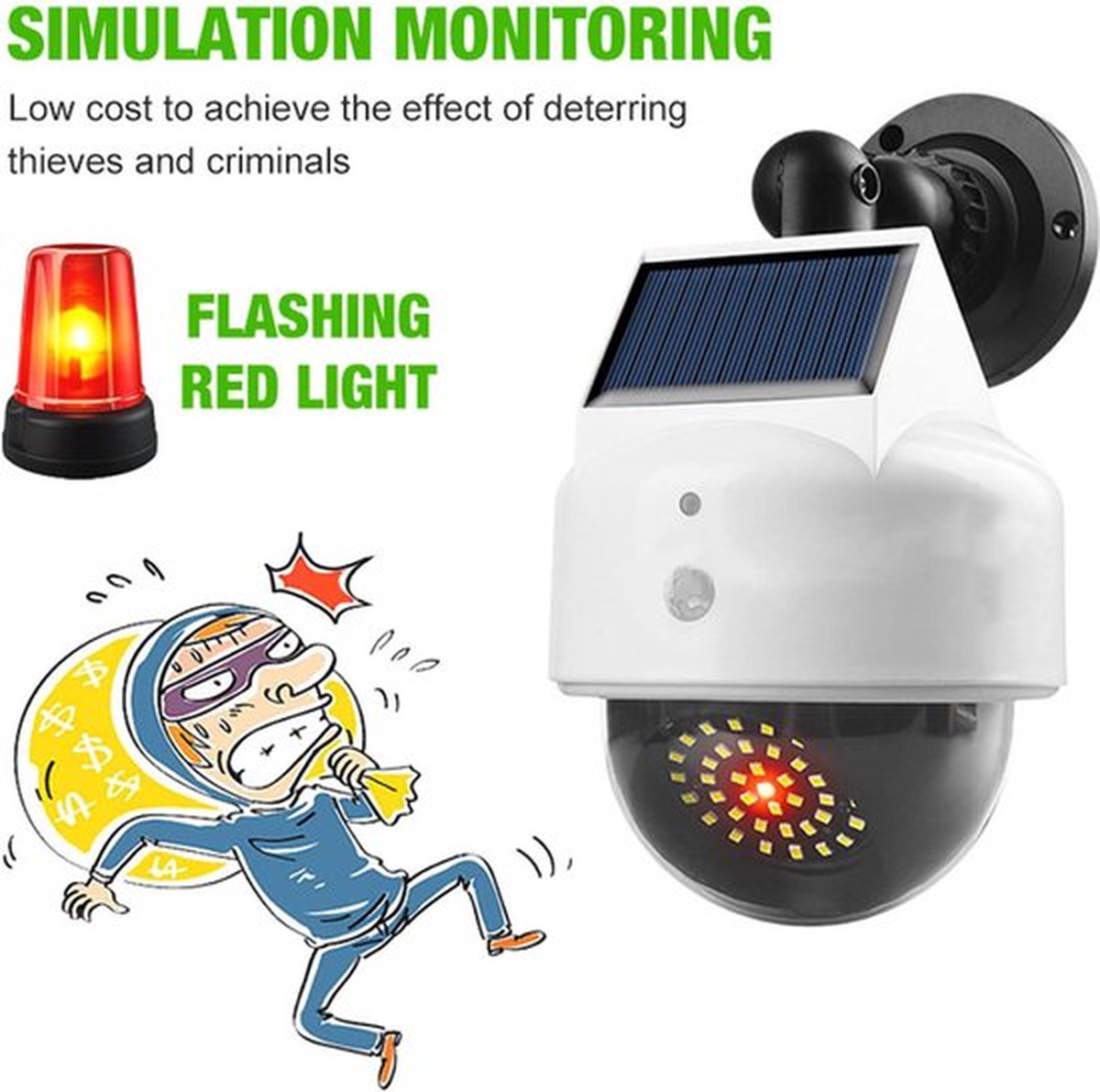 Bera Home - Solar Dummy Camera met Bewegingssensor - Nep Beveiligingscamera Buiten - Zonnepaneel Gevoed - 3 Verlichtingsmodi - IP66 Waterdicht - Ideaal voor Huis, Tuin, Veranda, Garage & Oprit - 1 Stuk – foto 7