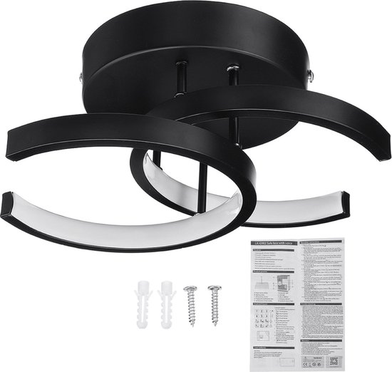 Moderne zwarte plafondlamp met drie gedraaide ringen met witte LED-verlichting en montageaccessoires.