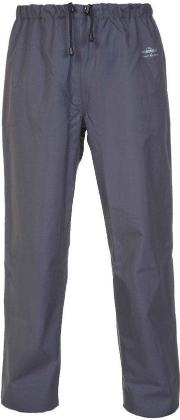 Grijze regenbroek met elastische tailleband, trekkoord en logo.