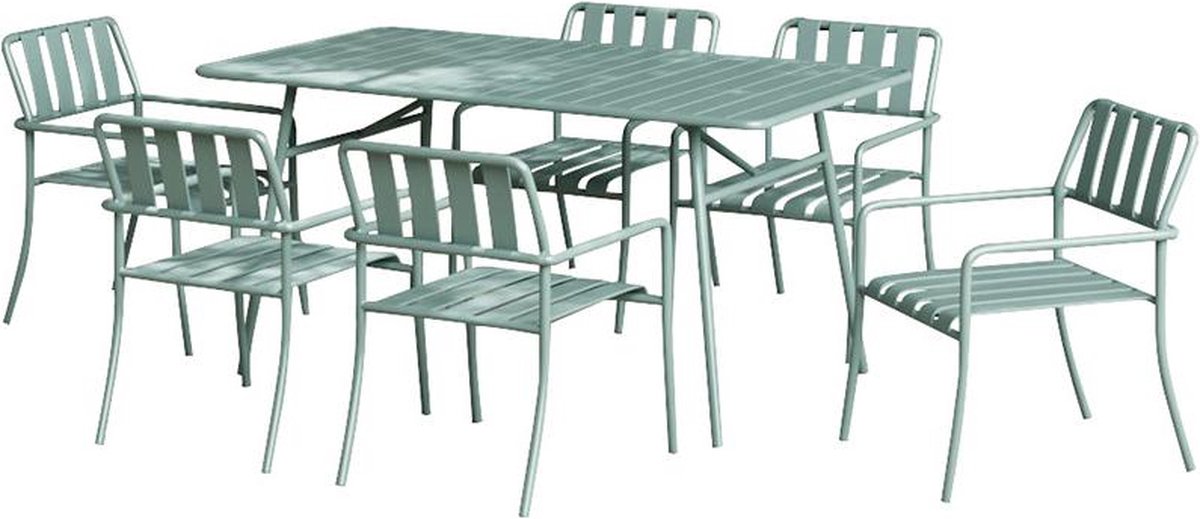 Vente-unique Tuineethoek van metaal: een tafel D160 cm en 6 fauteuils - Amandelgroen - BIRMOS van MYLIA L 160 cm x H 81.5 cm x D 80 cm