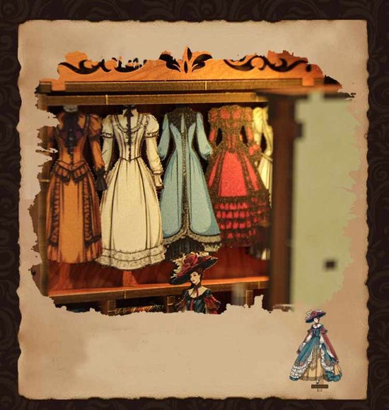Miniatuur kledingkast met vijf gedetailleerde jurken in diverse kleuren en stijlen, met een pop in Victoriaanse kleding.