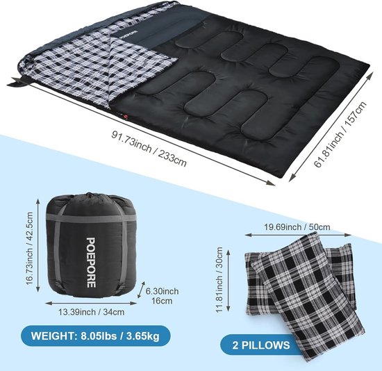 Sac de couchage double en flanelle XXL pour temps froid avec 2 Coussins - Sac de couchage de camping 2 personnes