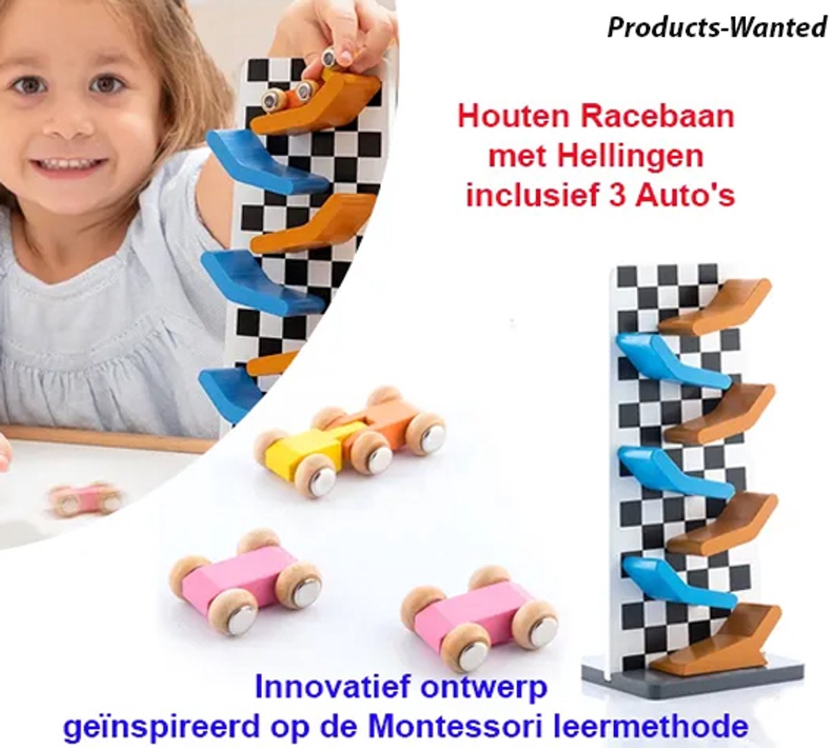 Houten Racebaan met Hellingen en 3 Auto's – Montessori Educatief Speelgoed.