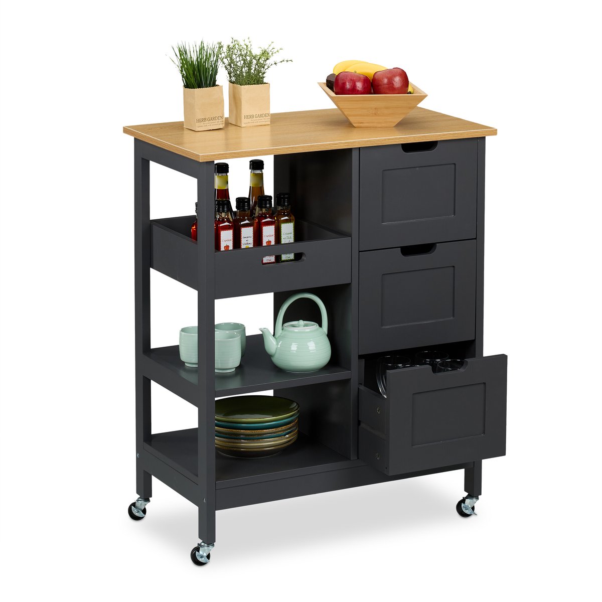 keukentrolley op wieltjes - met werkblad - 3 lades - 85 x 68,5 x 38,5 cm - grijs