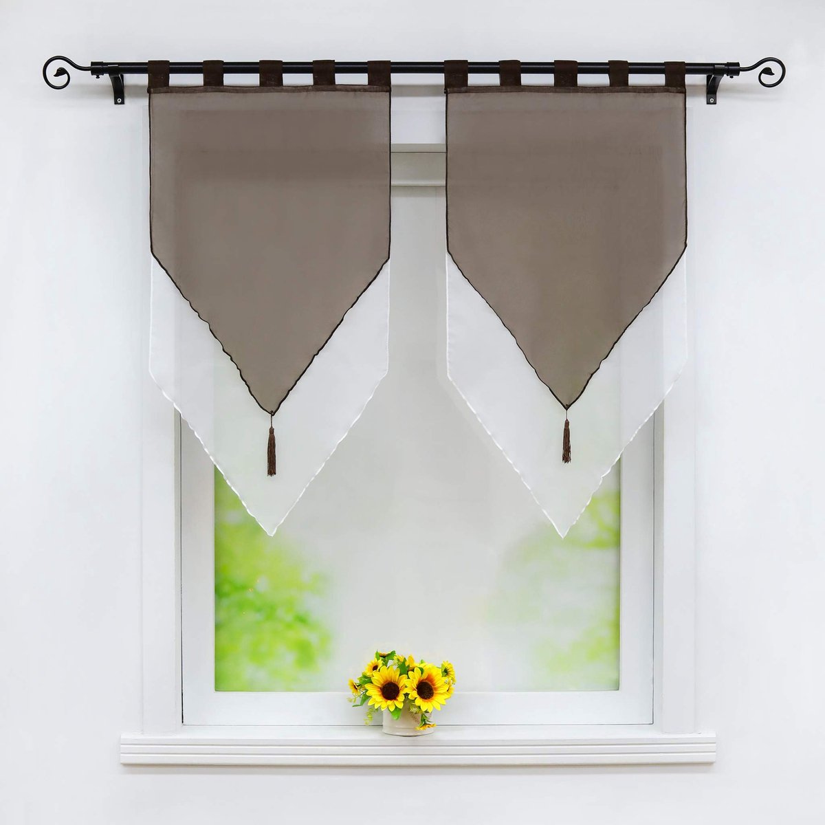 My Ninki ® Elegante Tweekleurige Korte Vitrage met Speels Kwastjesontwerp en Lussen 45x90cm, Set van 2 Stuks