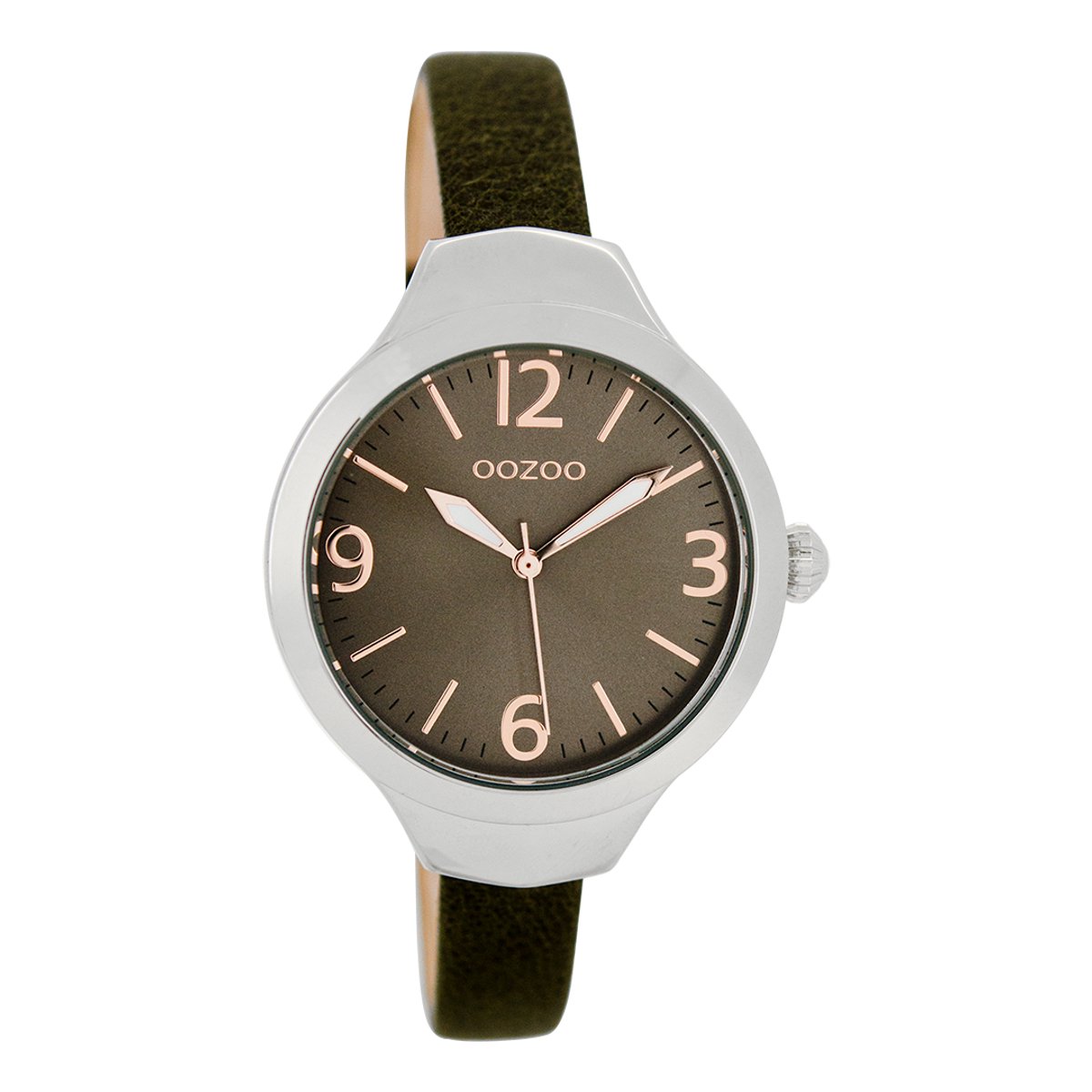 OOZOO Timepieces - Zilverkleurige horloge met donker bruine leren band - C7553