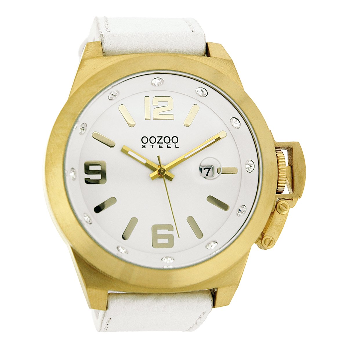 OOZOO Timepieces - Goudkleurige horloge met witte leren band - OS137