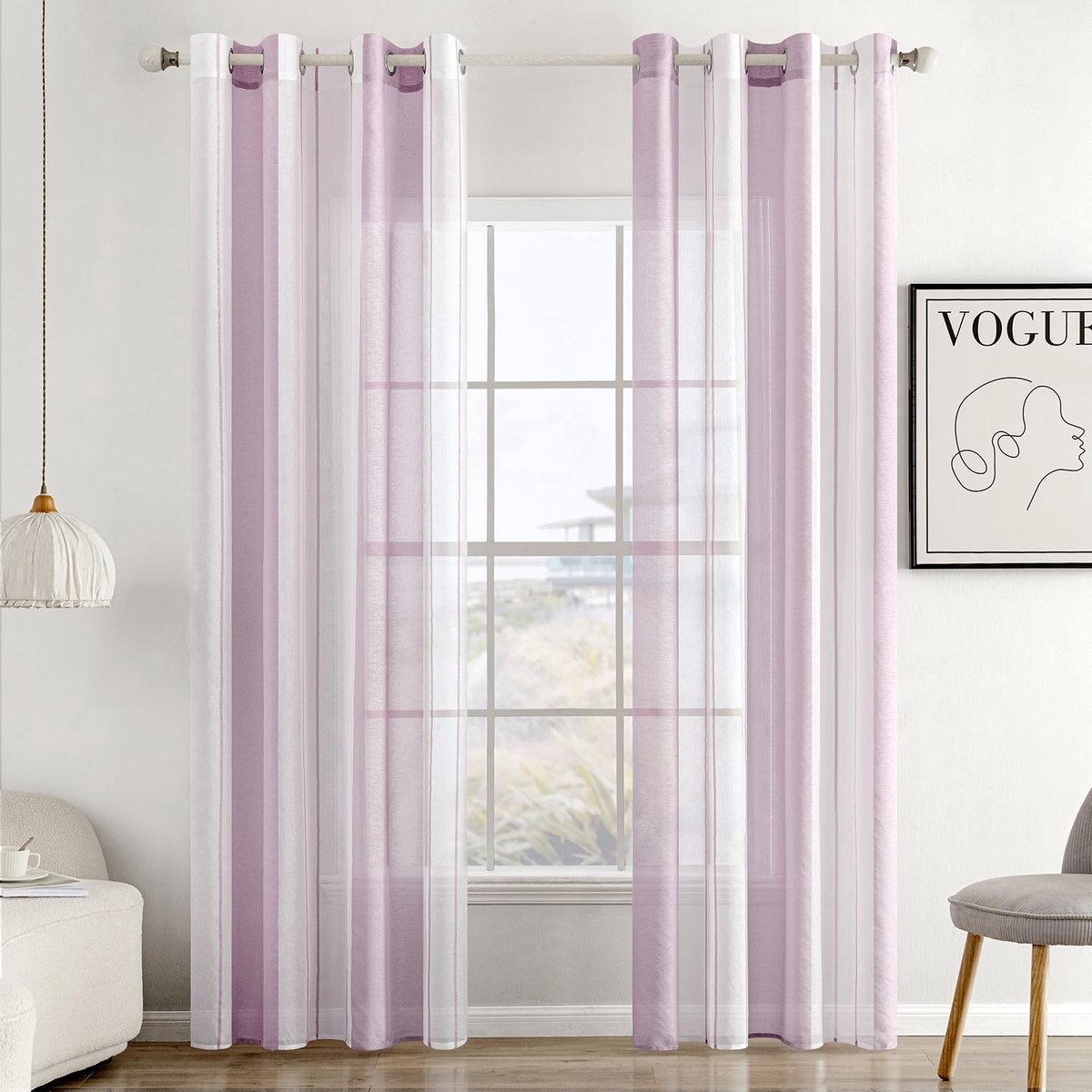 My Ninki ® Gordijnen voor Woonkamer en Slaapkamer met Lichtpaars Gestreept Patroon, Set van Twee, Semi-Transparant roze