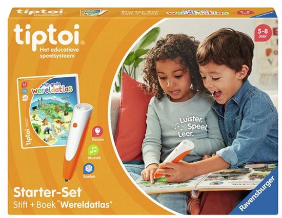 Starter-Set Stift + Boek 'Wereldatlas' met oranje pen, boek met dieren en wereldkaarten. Twee kinderen leren met de pen.