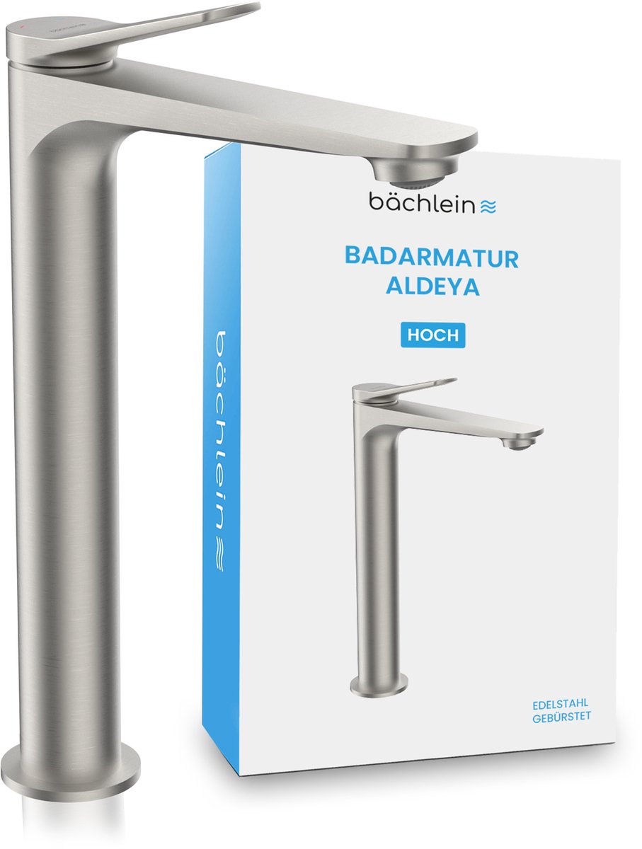 Bächlein badkamerkraan Aldeya high in modern design, extra hoge ééngreepsmengkraan voor opzetwastafel met bevestigingsset, badkamerkraan geborsteld roestvrij staal