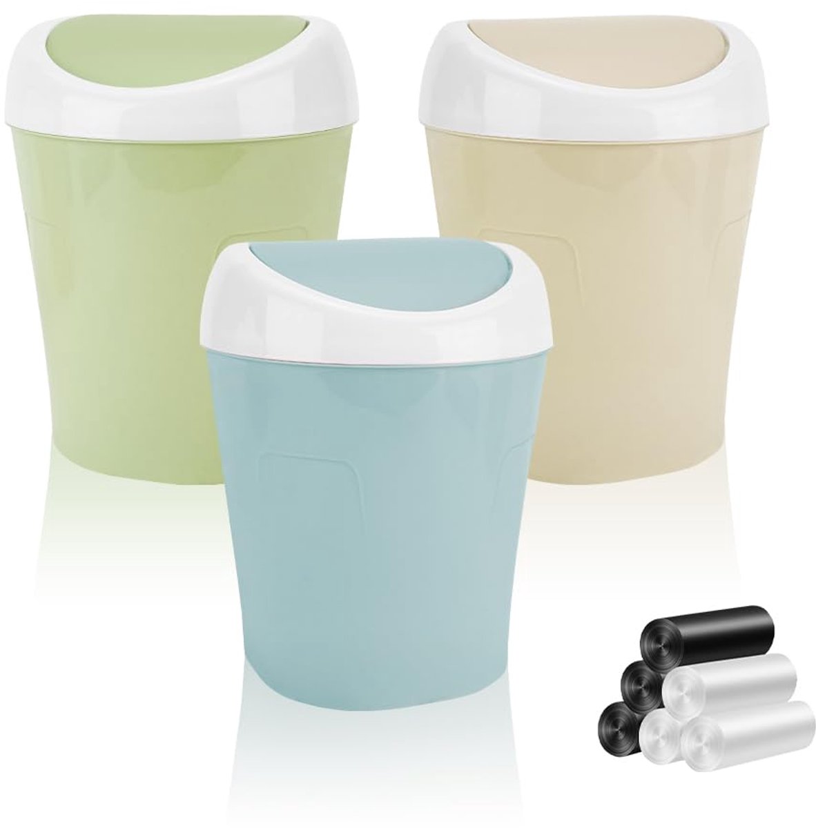 My Ninki ® Kleurrijke Set van 3 Mini Vuilnisemmers met Schommeldeksel en Extra Vuilniszakken voor Bureau of Badkamer