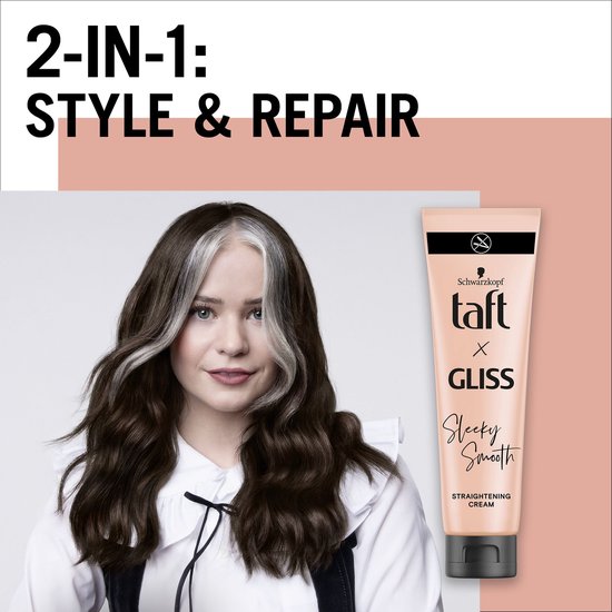 Taft x Gliss Sleeky Smooth Straightening Cream tube. Zacht perzikroze kleur, met zwarte dop. Tekst: 2-in-1: Style & Repair.