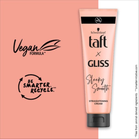 Taft Gliss Sleeky Smooth Straightening Cream tube. Zacht perzikroze kleur, zwarte dop. Vegan formule en recycle logo.