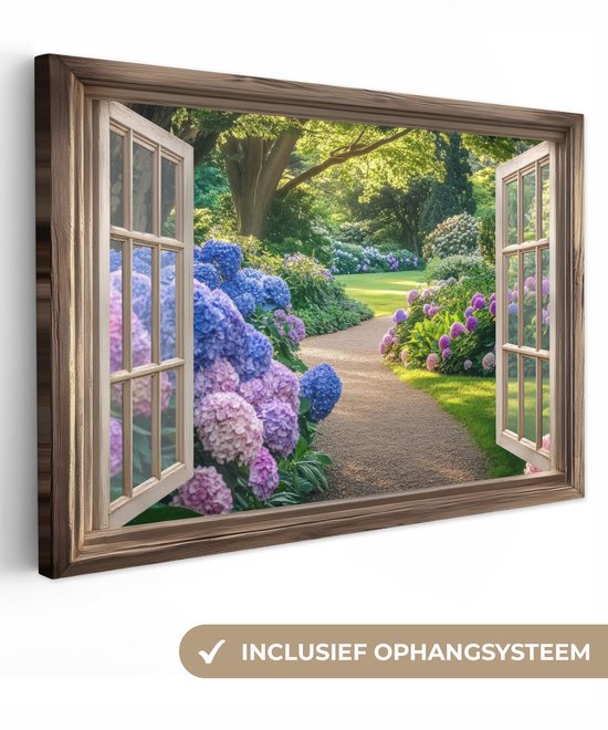 Canvas schilderij 90x60 cm - Exclusieve wanddecoratie Doorkijk - Tuin - Raam - Hortensia - Bloemen - Muurdecoratie woonkamer - Slaapkamer decoratie - Kamer accessoires - Schilderijen op canvas
