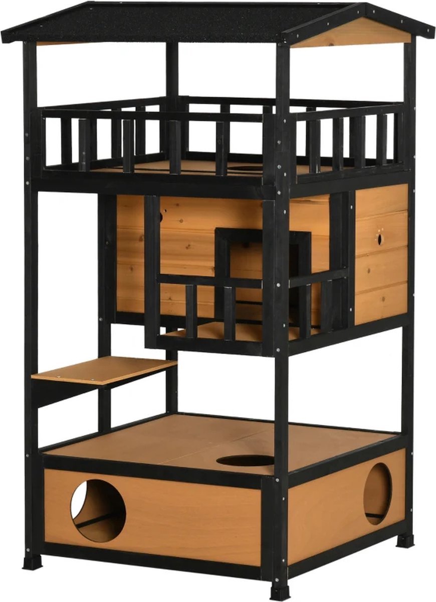 Kattenhuis voor buiten - Hok - Kooi - Bench - Ren - 3 verdiepingen - Weerbestendig - Duurzaam - Zwart