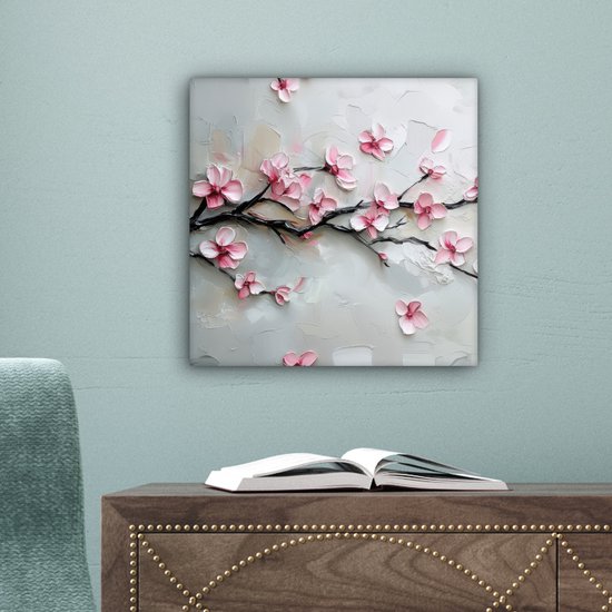 Canvas schilderij 20x20 cm - Exclusieve wanddecoratie Bloesem - Kunstzinnig - Roze - Sakura - Muurdecoratie woonkamer - Slaapkamer decoratie - Kamer accessoires - Schilderijen op canvas