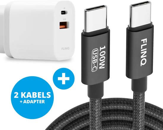 FlinQ 2x USB C naar USB C Kabel 100W + Adapter 18W - Snellader voor Telefoon, Tablet & meer - Zowel Datakabel als Oplader - 2 Meter Lange Nylon Oplaadkabel