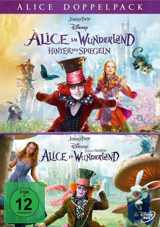DVD-hoes voor een Alice in Wonderland dubbelpakket, met de Mad Hatter, Alice en de Witte Konijn.