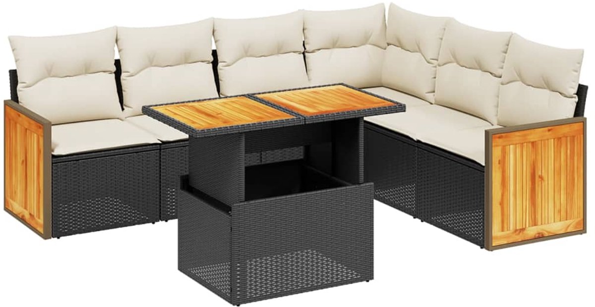 The Living Store 7-delige Loungeset met kussens poly rattan zwart - Loungeset - Lounge Set - Buitendecoratie - Tuinmeubels - Teak Meubel