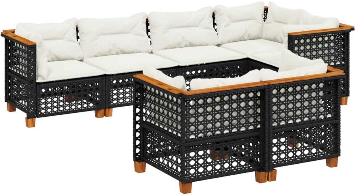 The Living Store 7-delige Loungeset met kussens poly rattan zwart - Loungeset - Tuinset - Buitendecoratie - Poly Rattan - Loungebank