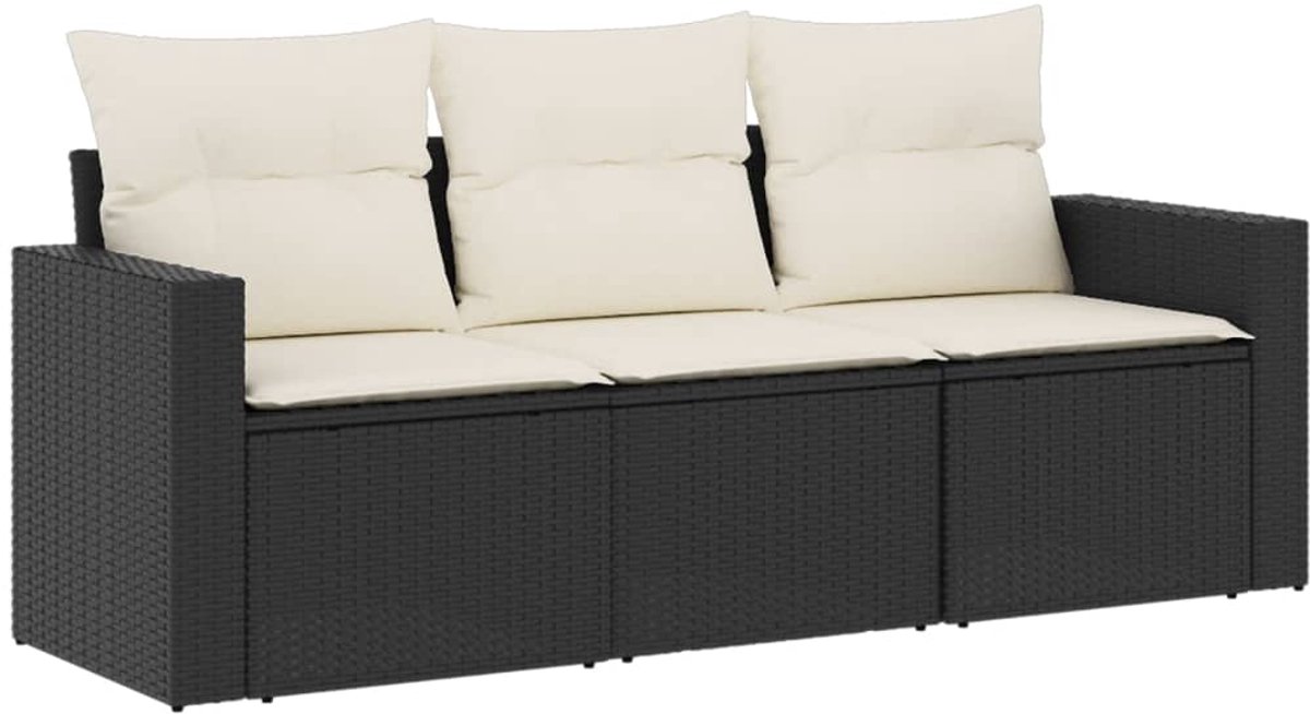 Zwarte poly rattan loungeset met kussens voor tuin en terras.