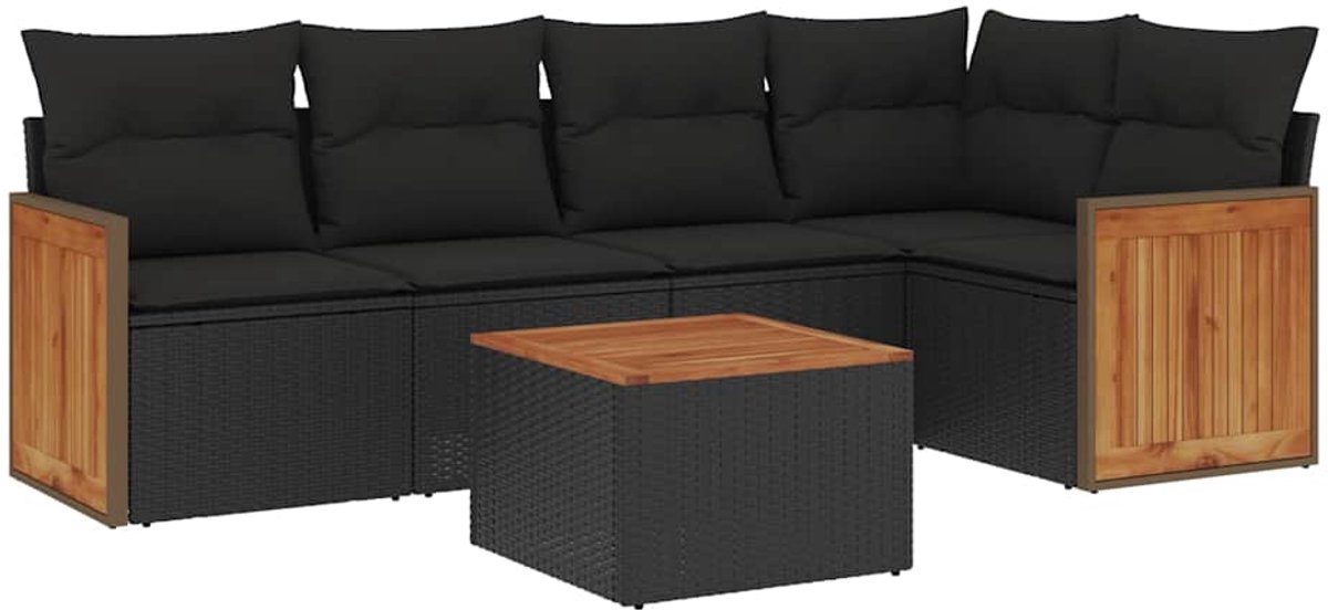 Zwarte poly rattan loungeset met kussens voor tuin en terras.