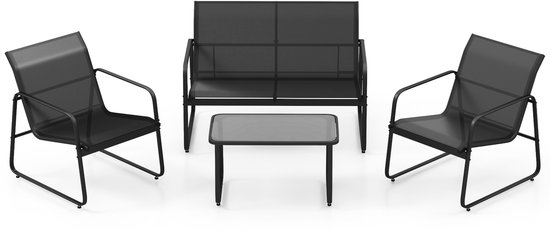Ensemble de meubles de jardin 4 pièces COSTWAY, meubles de patio avec tissu respirant, groupe de sièges, groupe de sièges pour 4 personnes, ensemble de jardin avec 2 chaises, banc et table, pour jardin, terrasse, piscine (noir)